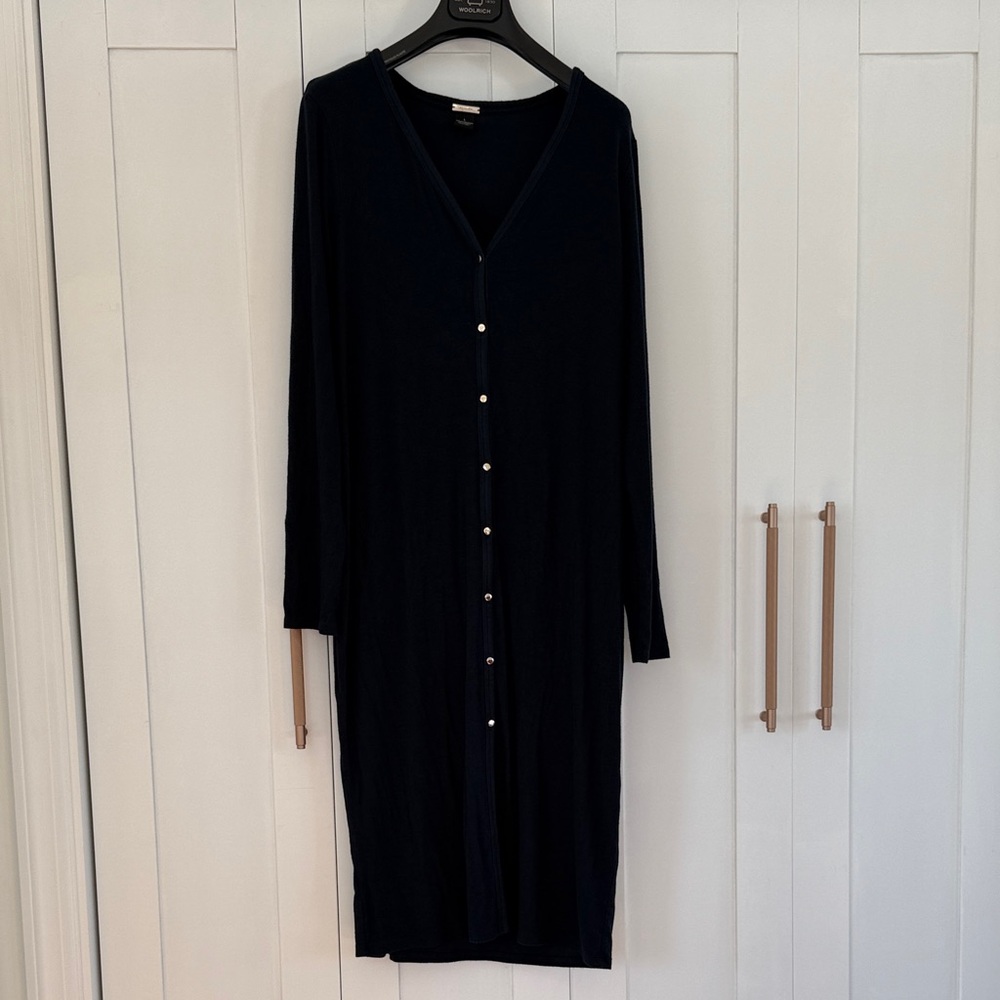 Magaschoni navy blue women's button front dress long sleeves ribbed size L